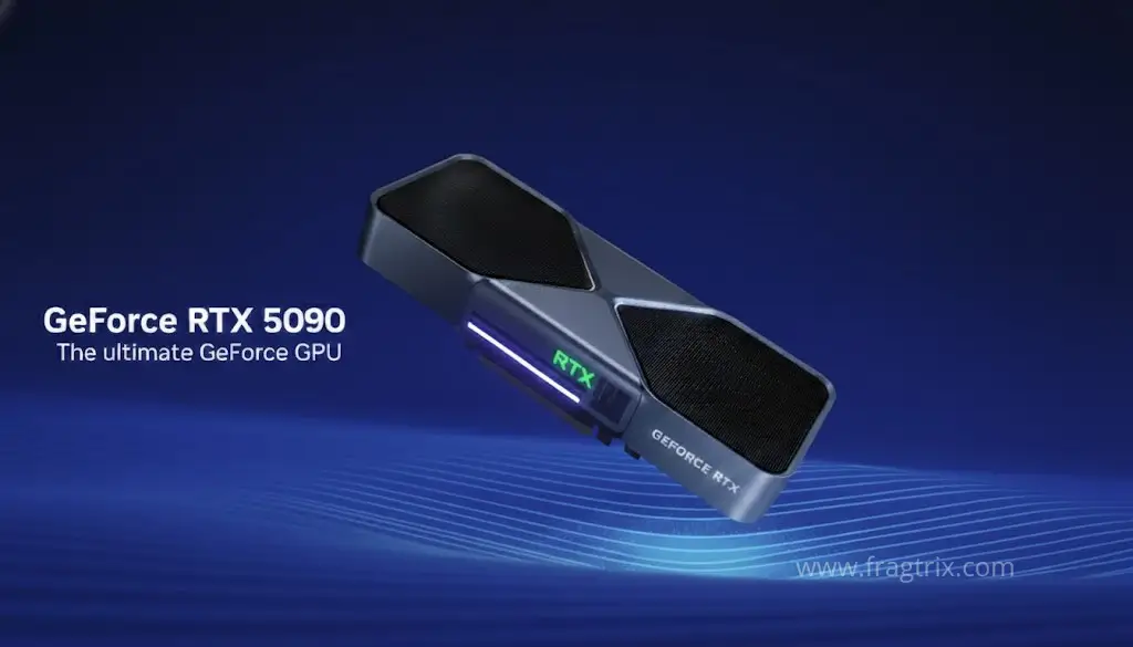 Floating Nvidia GeForce RTX 5090 graphics card on a blue background with green RGB lighting, modern design, and black fans