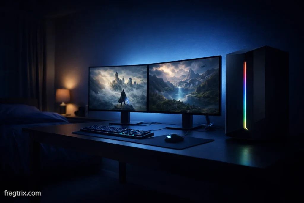 Silent gaming PC setup in dimly lit bedroom at night with ambient blue lighting and monitors displaying games