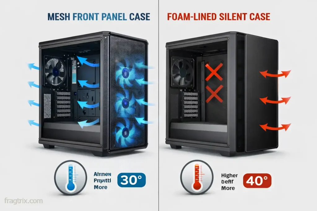 Side-by-side comparison of mesh front panel PC case with good airflow versus foam-dampened case with restricted airflow