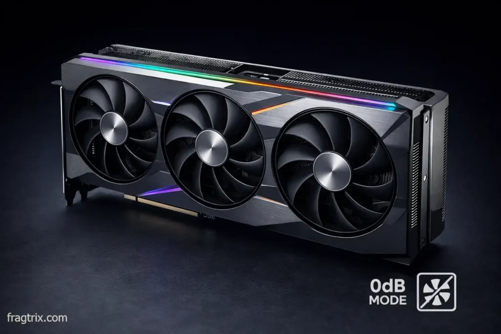 Modern gaming graphics card with triple-fan cooler and large heatsink showing stopped fans in 0dB mode