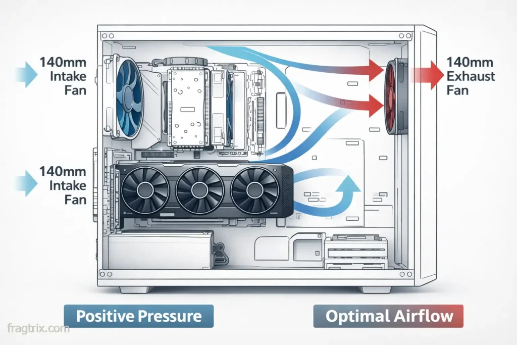 PC case airflow diagram showing two front intake fans and one rear exhaust fan with positive pressure configuration