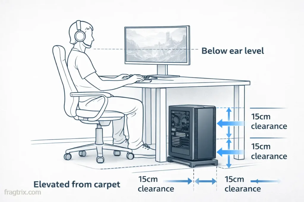 Diagram showing proper PC placement under desk with clearance measurements and elevation from floor