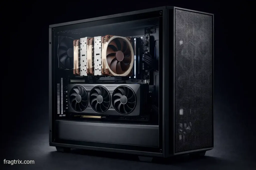 Complete silent gaming PC build inside mesh case showing air CPU cooler, modern GPU, and clean cable management
