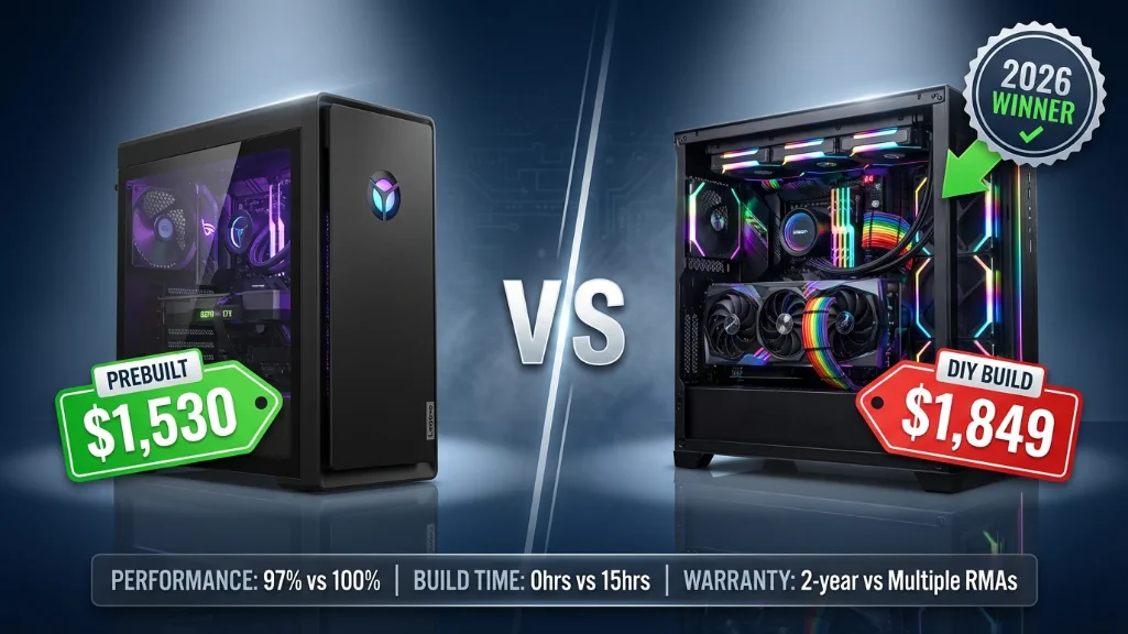 Lenovo Legion Tower 5 prebuilt gaming PC versus DIY custom build comparison for 2026 showing price and performance differences with the winner at 1530 dollars.
