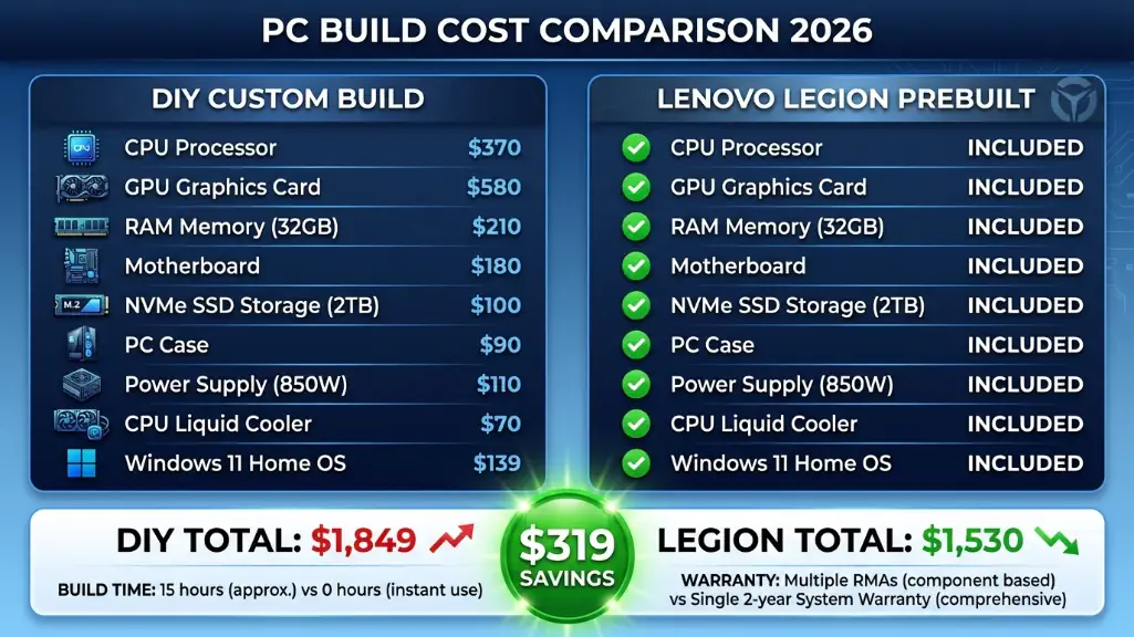 Price comparison infographic showing DIY PC build at 1849 dollars versus Lenovo Legion prebuilt at 1530 dollars with savings breakdown.