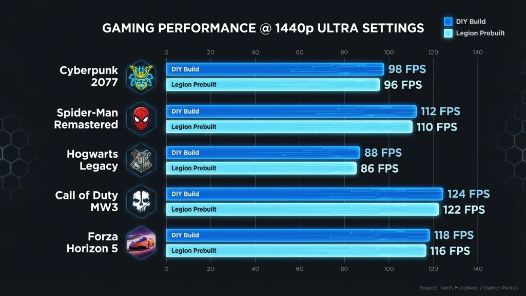 Gaming performance benchmark comparison chart showing DIY versus Lenovo Legion at 1440p FPS in Cyberpunk, Spider-Man, and Call of Duty.