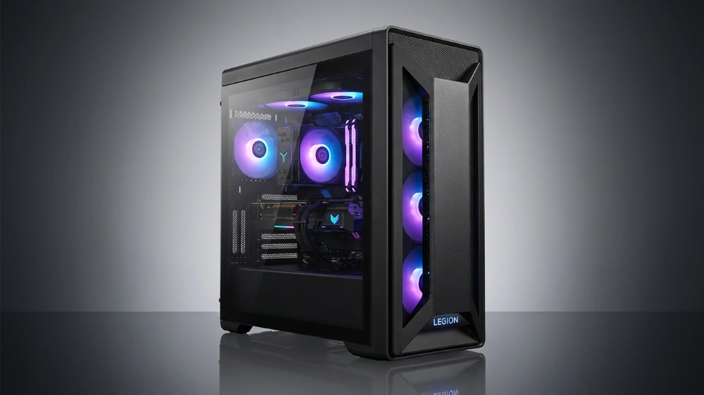 Lenovo Legion Tower 5 gaming desktop PC in black case with RGB lighting and tempered glass from 2026 model.