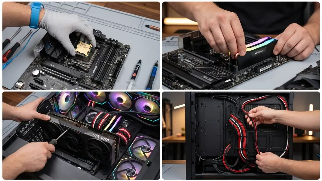 DIY PC building process showing hands installing CPU, RAM, graphics card, and cable management for custom gaming computer.