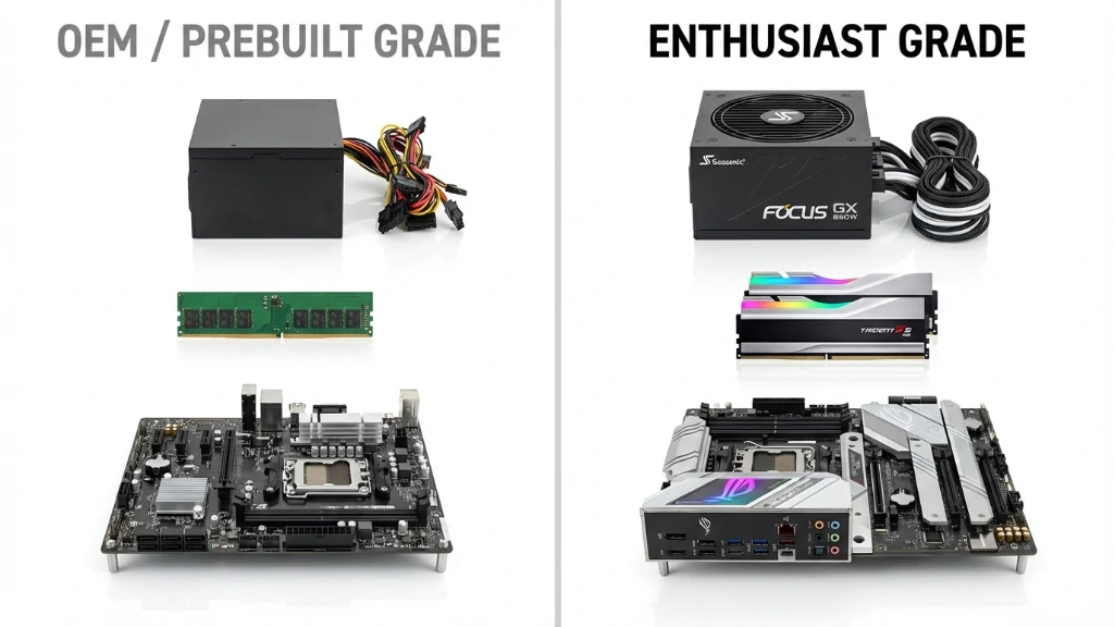 PC component quality comparison showing OEM prebuilt parts versus premium enthusiast grade power supply, RAM, and motherboard.
