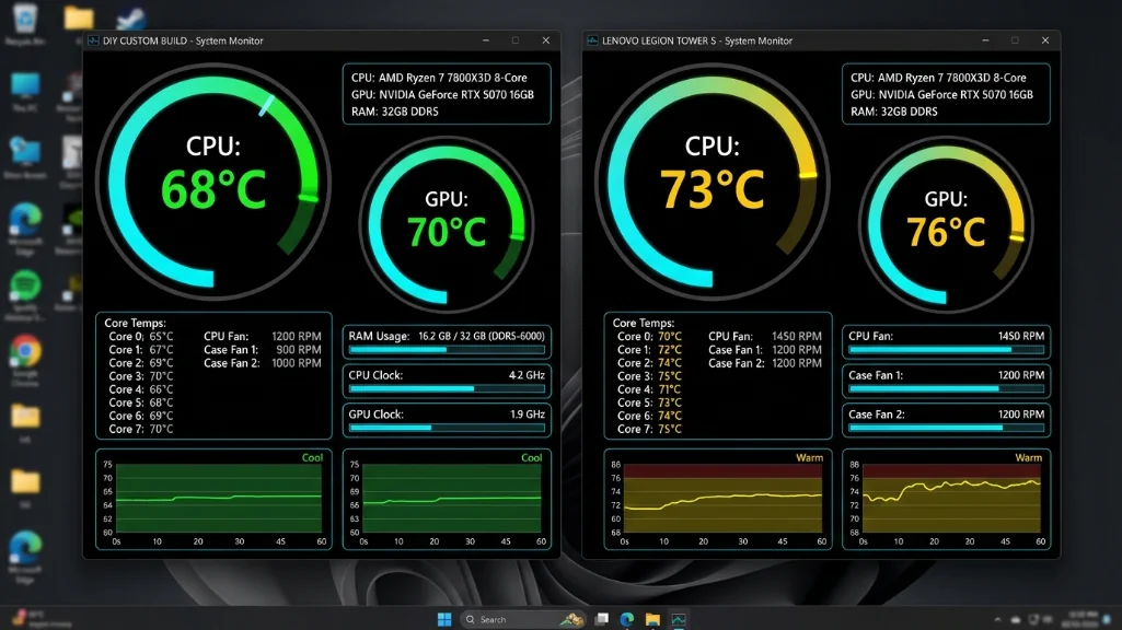 PC temperature monitoring comparison showing DIY build at 68 degrees versus Lenovo Legion at 73 degrees for cooling performance.