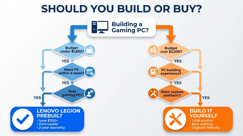 Decision flowchart for choosing between Lenovo prebuilt gaming PC or DIY custom build guide for 2026.