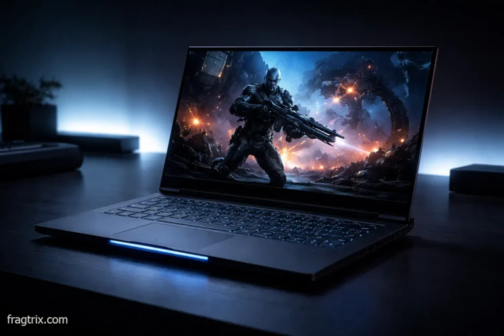 A black gaming laptop with a glowing screen on a dark desk with ambient lighting