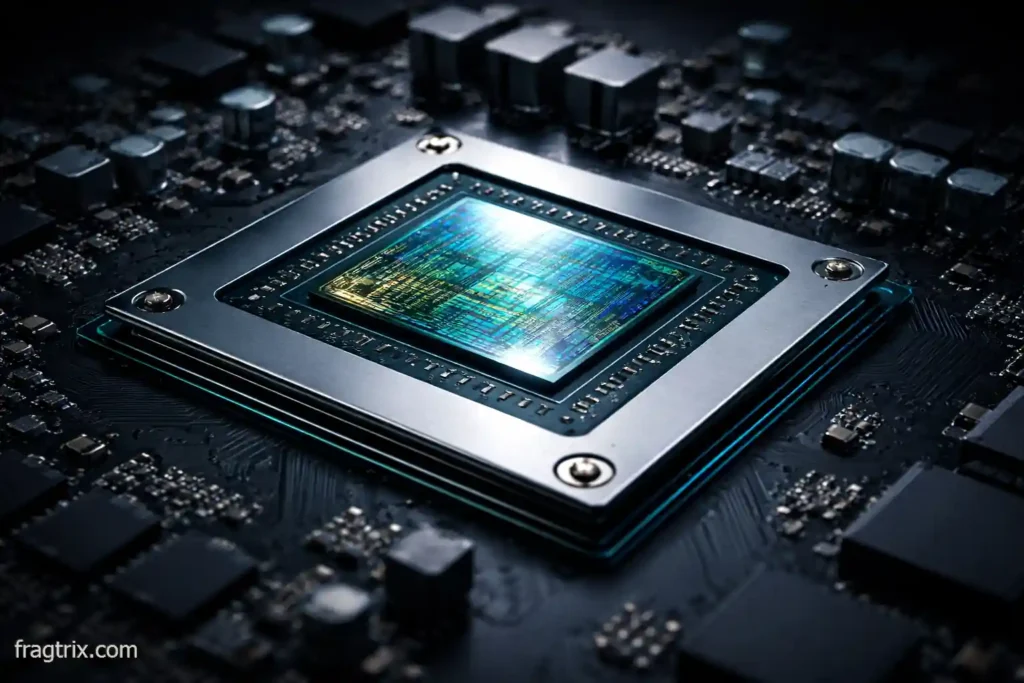 Close-up macro shot of a laptop GPU chip on a dark motherboard