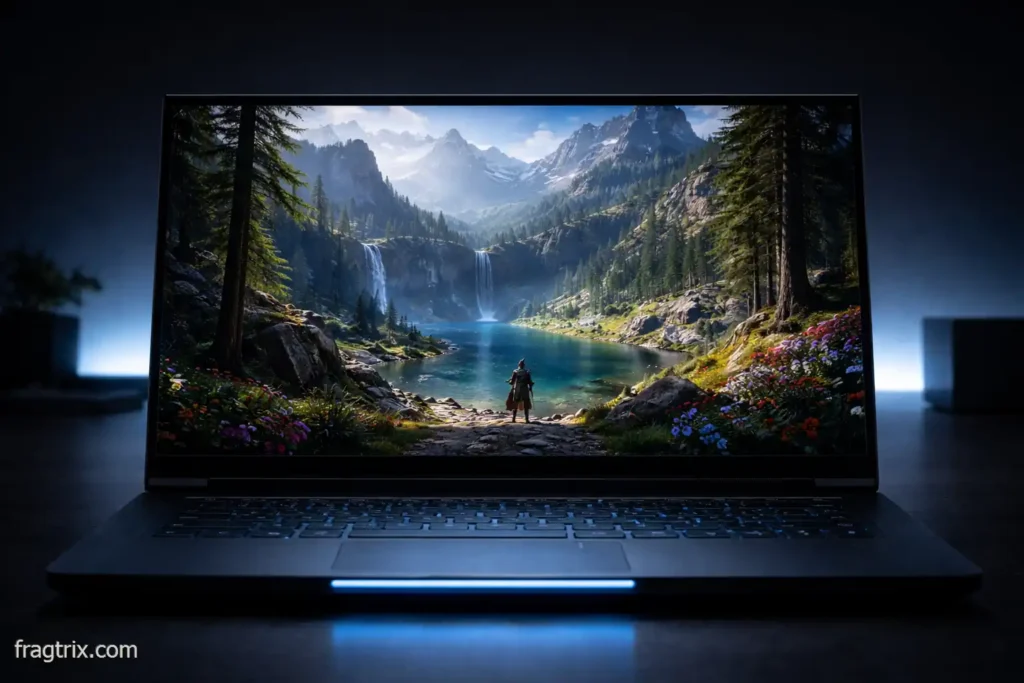 A 16-inch laptop screen displaying a sharp colorful game landscape in 16:10 format