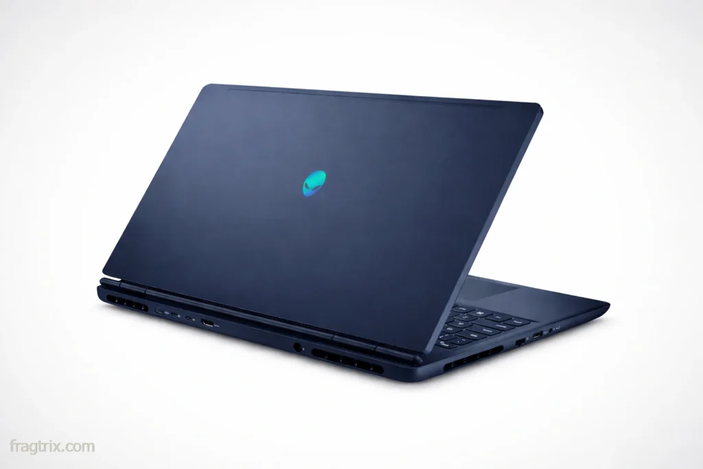 Alienware Aurora 16 gaming laptop in dark blue, rear three-quarter view showing the Alienware logo and port selection