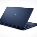 Alienware Aurora 16 gaming laptop in dark blue, rear three-quarter view showing the Alienware logo and port selection