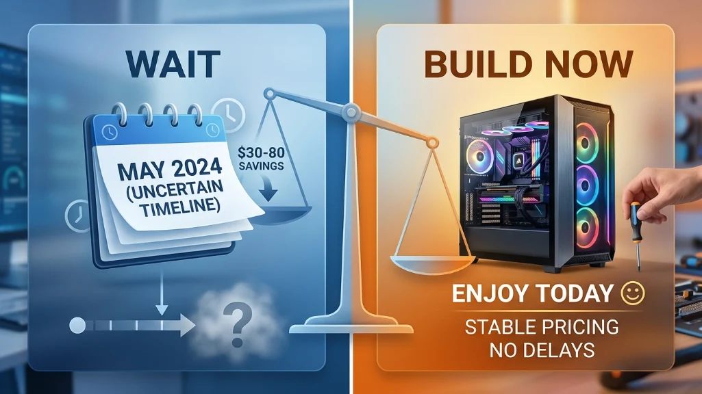 decision visualization comparing waiting for prices vs building gaming pc now in march 2026 market