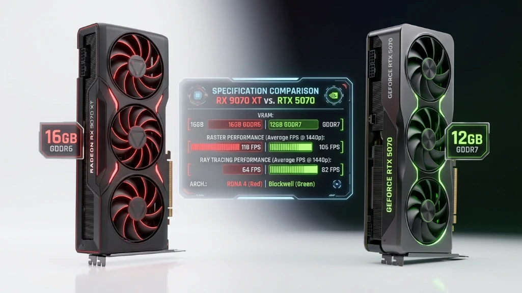 amd rx 9070 xt 16gb vs nvidia rtx 5070 12gb graphics card comparison for 1440p gaming