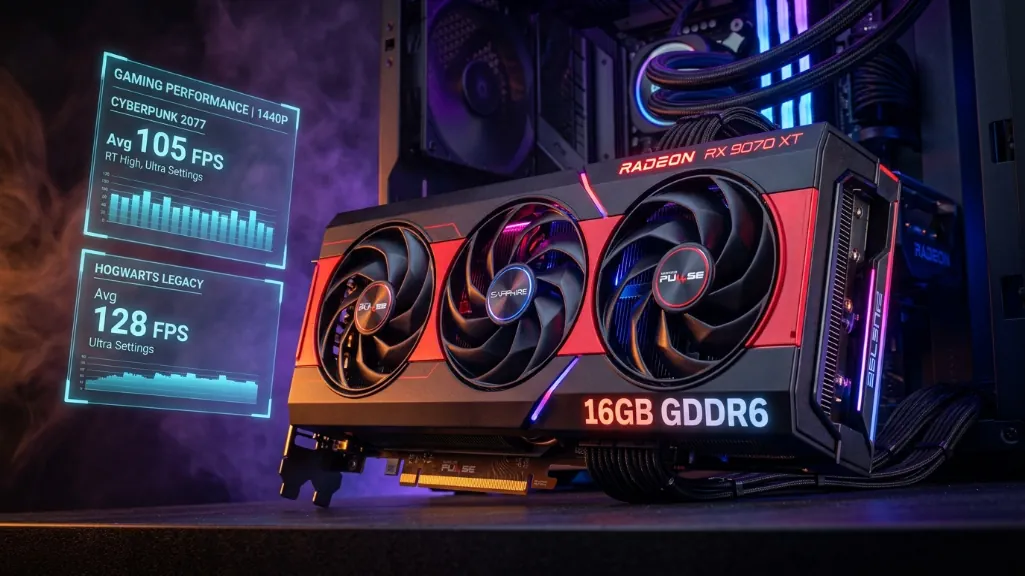 amd radeon rx 9070 xt 16gb graphics card with performance metrics for 1440p ultra gaming