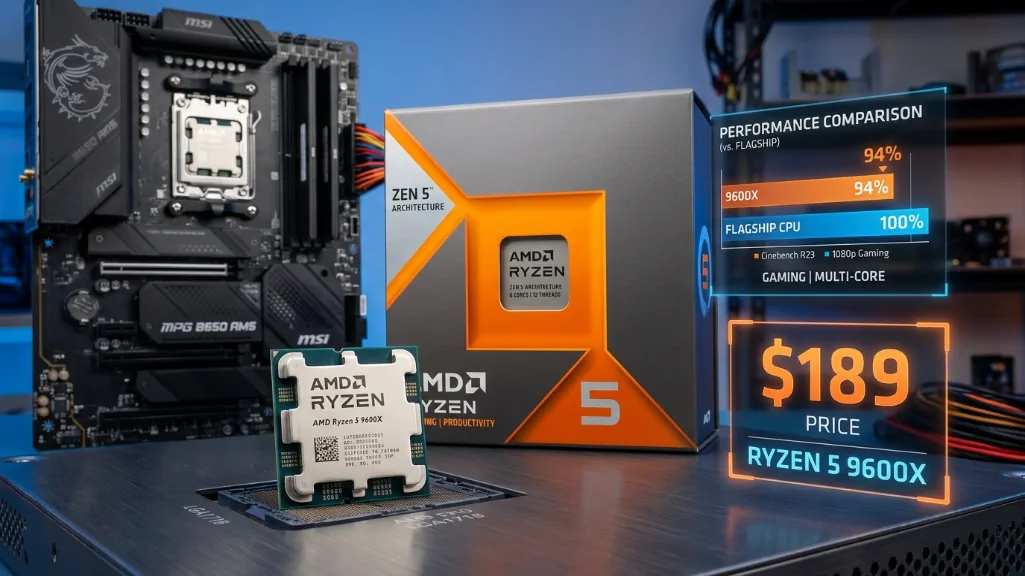 amd ryzen 5 9600x cpu showing $189 price point and 90-95% flagship gaming performance