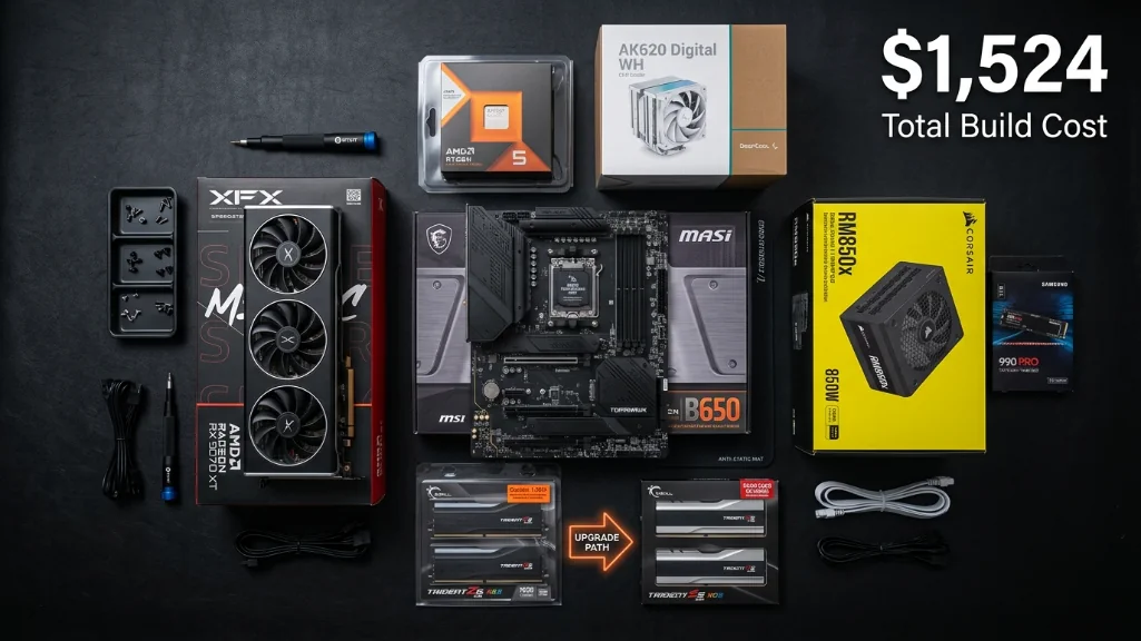 complete component layout for $1,400-1,550 budget 1440p gaming pc build with upgrade path