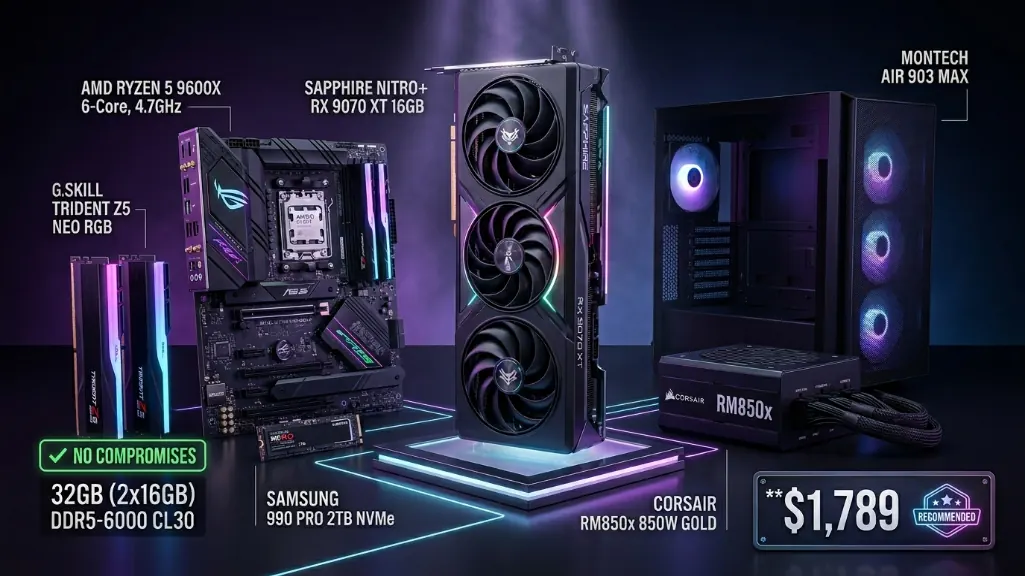 complete no-compromise 1440p ultra gaming pc build components with 32gb ram and rx 9070 xt