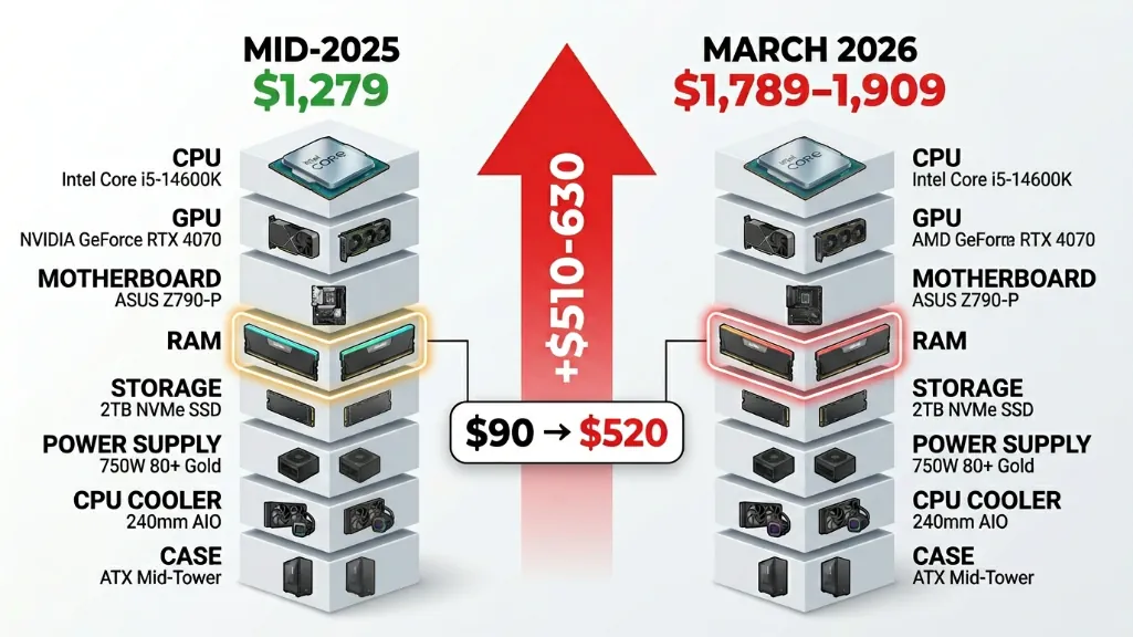 price comparison infographic showing identical pc build cost increase from $1,279 in 2025 to $1,789-1,909 in march 2026
