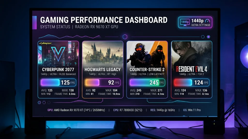 gaming performance fps metrics for rx 9070 xt at 1440p ultra settings across multiple aaa titles