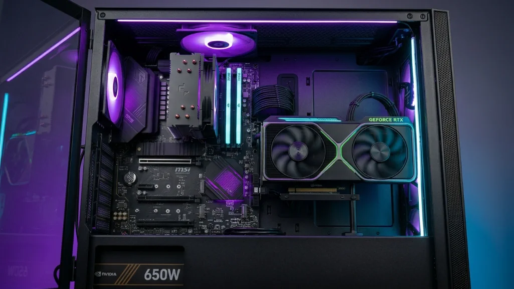 Inside PC build showing RTX 5060, 32GB DDR5 RAM, B650 motherboard with purple-cyan RGB