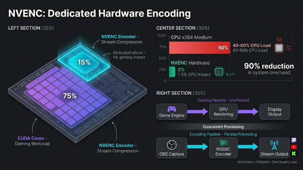 NVENC architecture diagram showing GPU die cutaway and CPU vs hardware encoding comparison