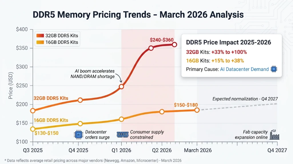 DDR5 price trend showing 33-100% increase from Q3 2025 to March 2026