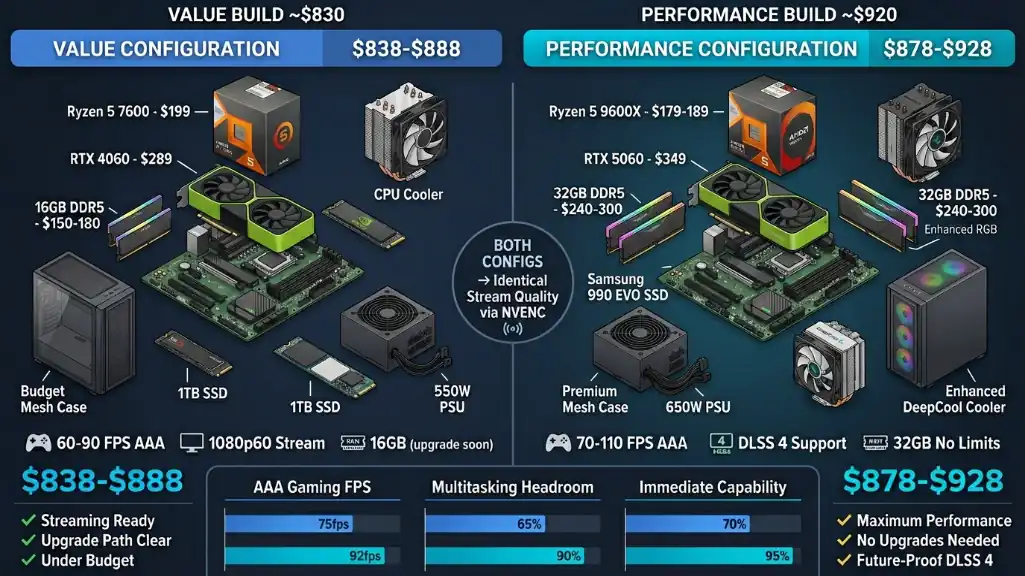 Value vs performance build comparison showing components, pricing, and FPS metrics