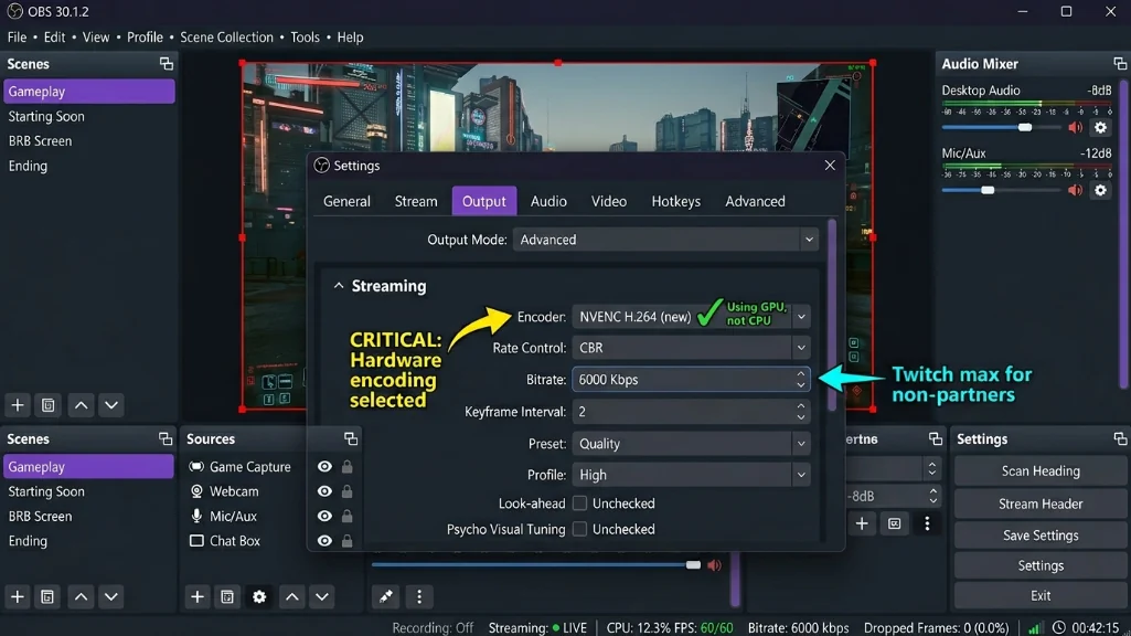 OBS Studio showing NVENC encoder selected with 6000 kbps bitrate and 12% CPU usage