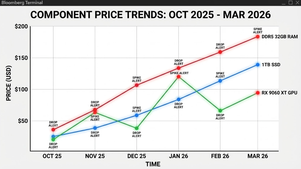 Component price tracking chart October 2025 to March 2026 showing RAM and SSD prices increasing while GPU prices fluctuate