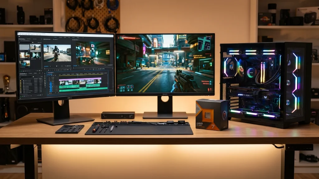Hybrid gaming and editing PC workstation with dual monitors showing Premiere Pro and Cyberpunk 2077, AMD Ryzen components displayed