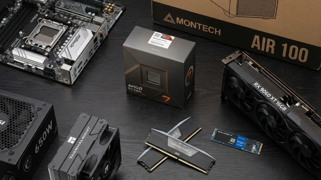 AMD Ryzen 7 9700X, RX 9060 XT 16GB, 32GB DDR5 RAM, and complete component layout for $1,184 hybrid PC build