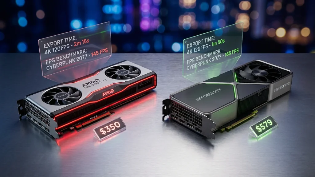 AMD RX 9060 XT versus NVIDIA RTX 5060 Ti graphics card comparison showing price difference and performance metrics