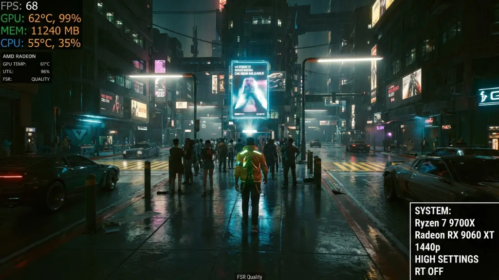 Cyberpunk 2077 gameplay at 1440p showing 65-70 FPS performance with RX 9060 XT and performance monitoring overlays