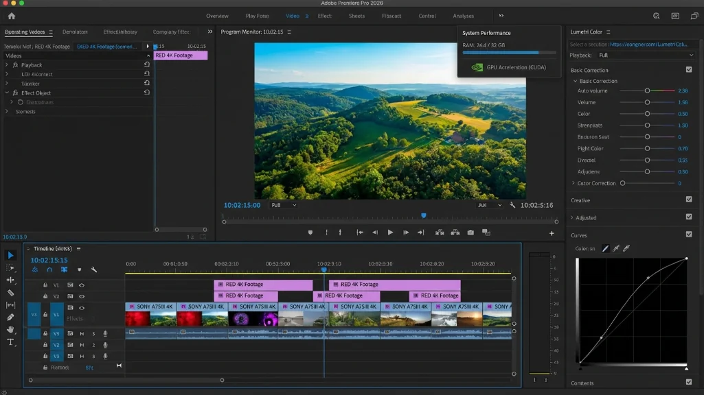  Adobe Premiere Pro 4K editing timeline showing three video tracks with color grading and 24-28GB RAM usage on 32GB system