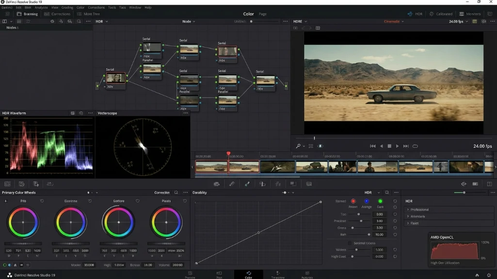  DaVinci Resolve color grading interface showing primary wheels, nodes panel, and AMD OpenCL GPU acceleration for 4K footage