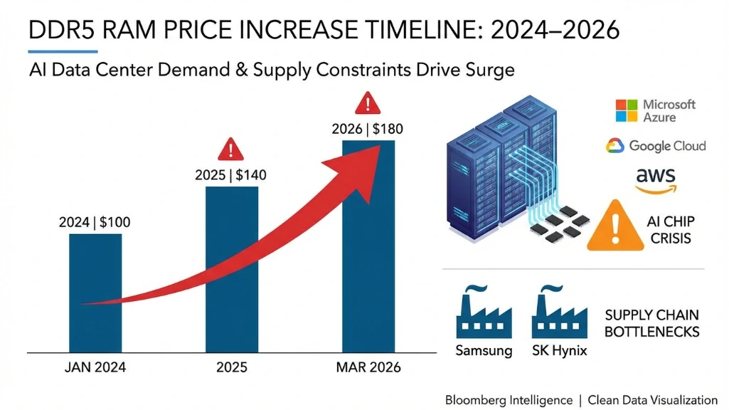 RAM price crisis infographic showing DDR5-6000 32GB increasing from $100 in 2024 to $180 in March 2026 due to AI data center demand