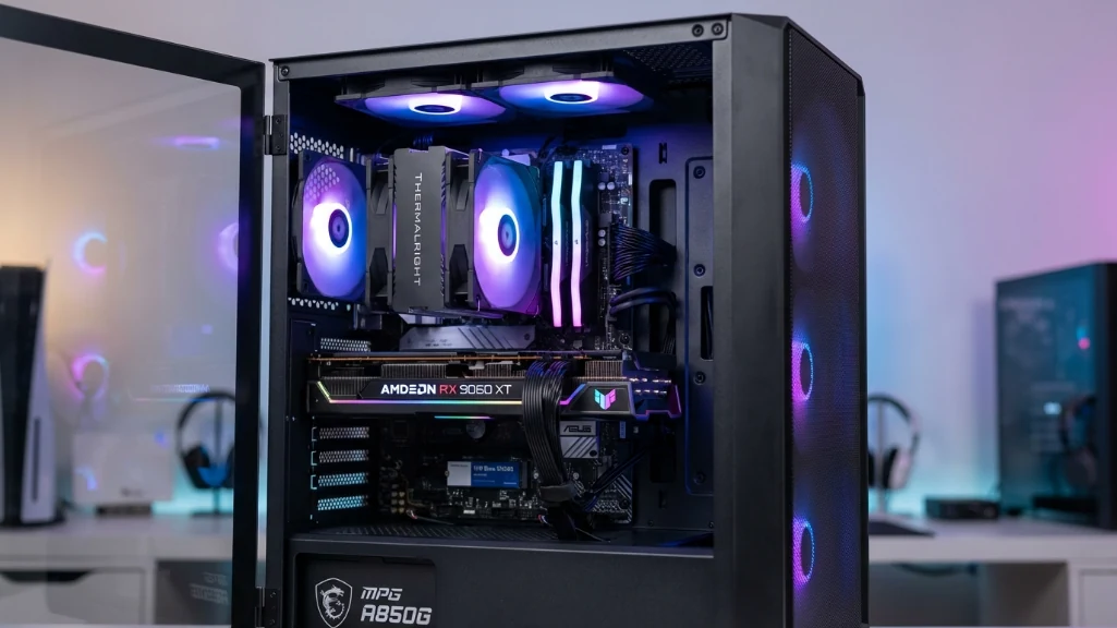 Assembled hybrid PC build in Montech AIR 100 case showing Ryzen 7 9700X, RX 9060 XT, 32GB DDR5 RAM, and RGB lighting