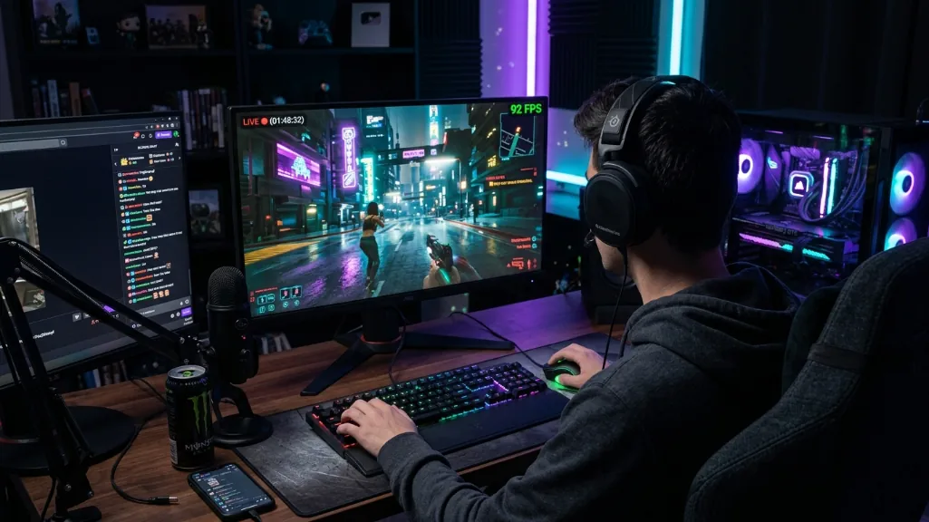 Streamer gaming Cyberpunk 2077 at 92 FPS with Twitch chat showing 47 viewers, RGB PC visible