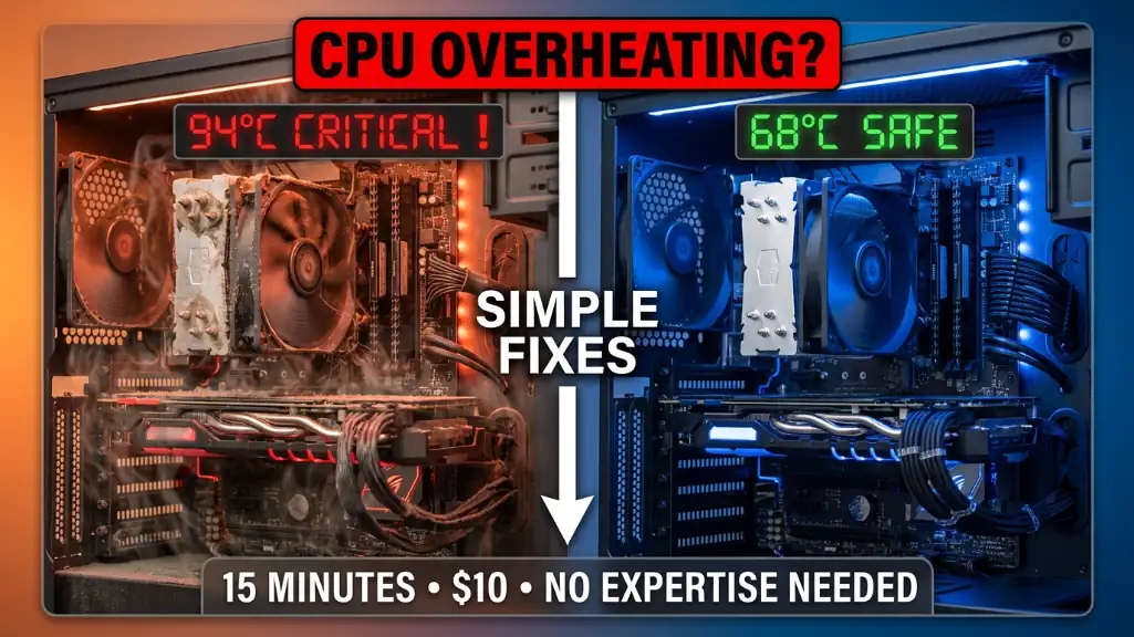 Split comparison showing overheating dusty CPU cooler at 94°C versus clean maintained cooler at 68°C demonstrating simple temperature reduction fixes
