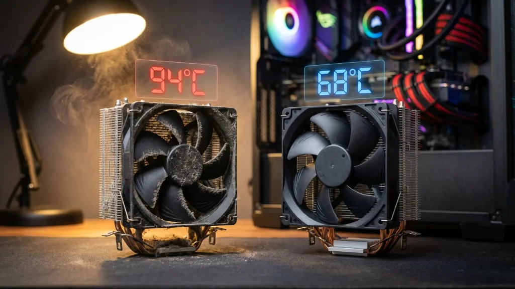 Split comparison of dusty CPU cooler showing 94°C versus clean CPU cooler showing 68°C temperature readings, demonstrating the impact of dust on CPU temperatures in a gaming PC