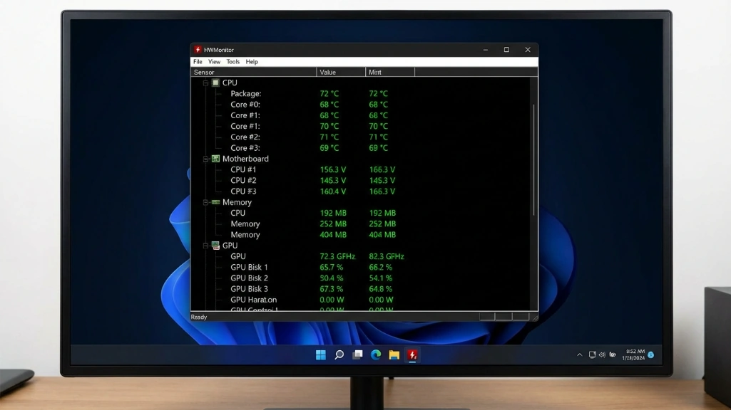 HWMonitor temperature monitoring software displaying CPU core temperatures ranging from 68-72°C with clear readings for package temperature and individual cores