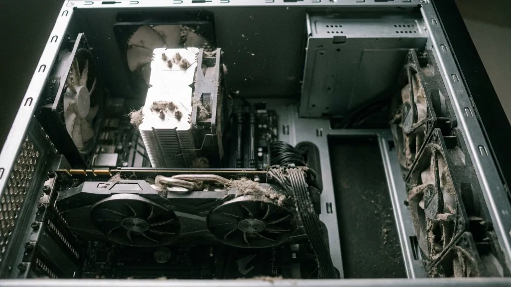 Gaming PC interior showing severe dust accumulation on CPU heatsink, GPU fans, and case fans after years of neglect