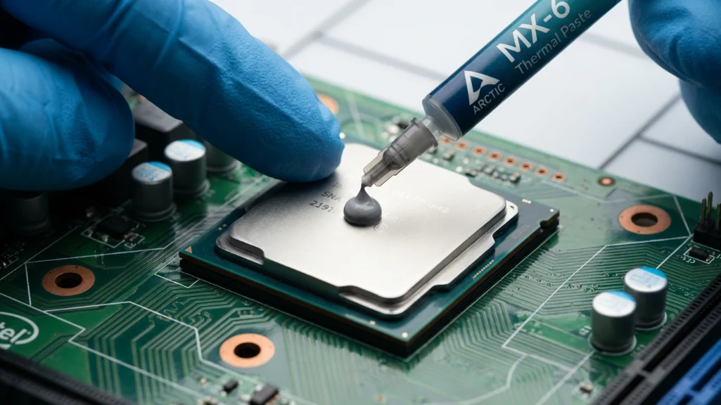 Proper thermal paste application technique showing pea-sized dot of Arctic MX-6 paste centered on Intel CPU heat spreader