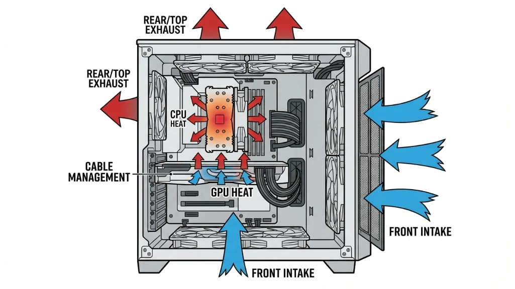 PC case airflow diagram showing correct fan configuration with cool air intake from front and hot air exhaust from rear and top