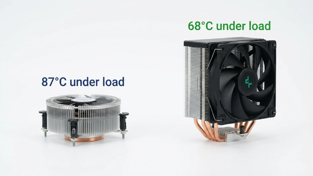 Comparison of Intel stock CPU cooler versus budget tower air cooler showing size difference and temperature performance of 87°C vs 68°C